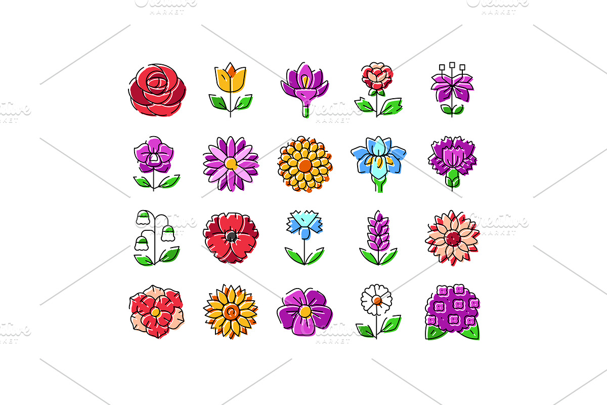 Different colorful flower icons set, an Object Illustration by pikepicture
