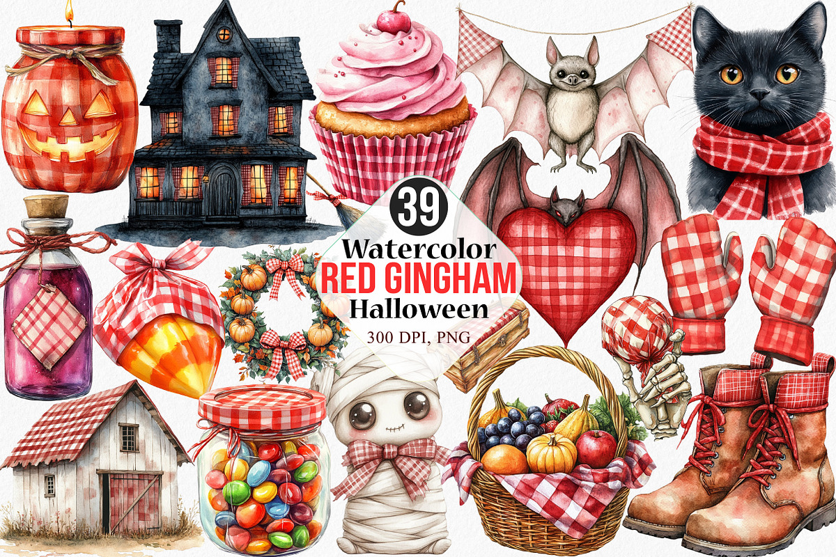 Red Gingham Halloween Clipart, an Illustration by Canvas Craft