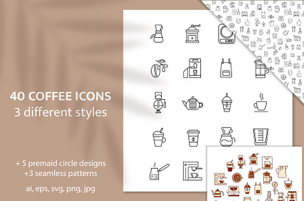 40 Coffee icons: 3 different styles