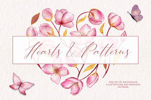 Watercolor hearts and patterns
