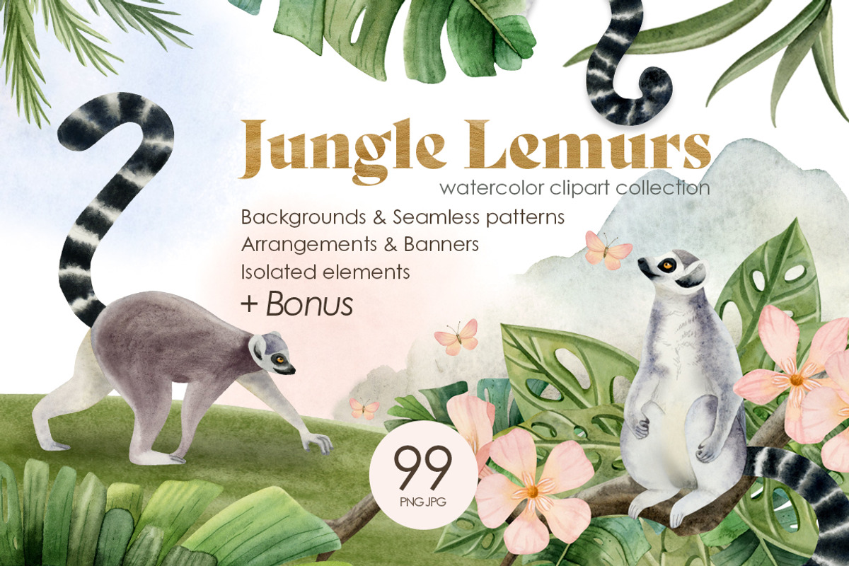Lemurs in tropical jungle clipart, an Animal Illustration by Elena Malgina Clipart (Photo 1 of 15)