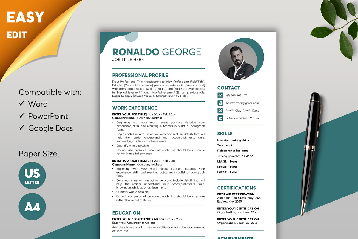 ATS Resume CV Word & Google Docs 52, a Resume Template by MrCam Template Resume|CV (Photo 1 of 8)