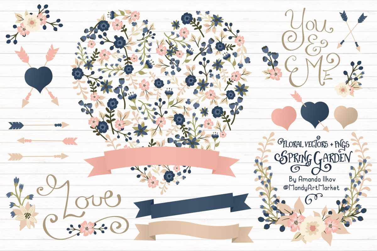 Navy & Blush Floral Heart & Banner, an Illustration by Amanda Ilkov (Photo 1 of 4)