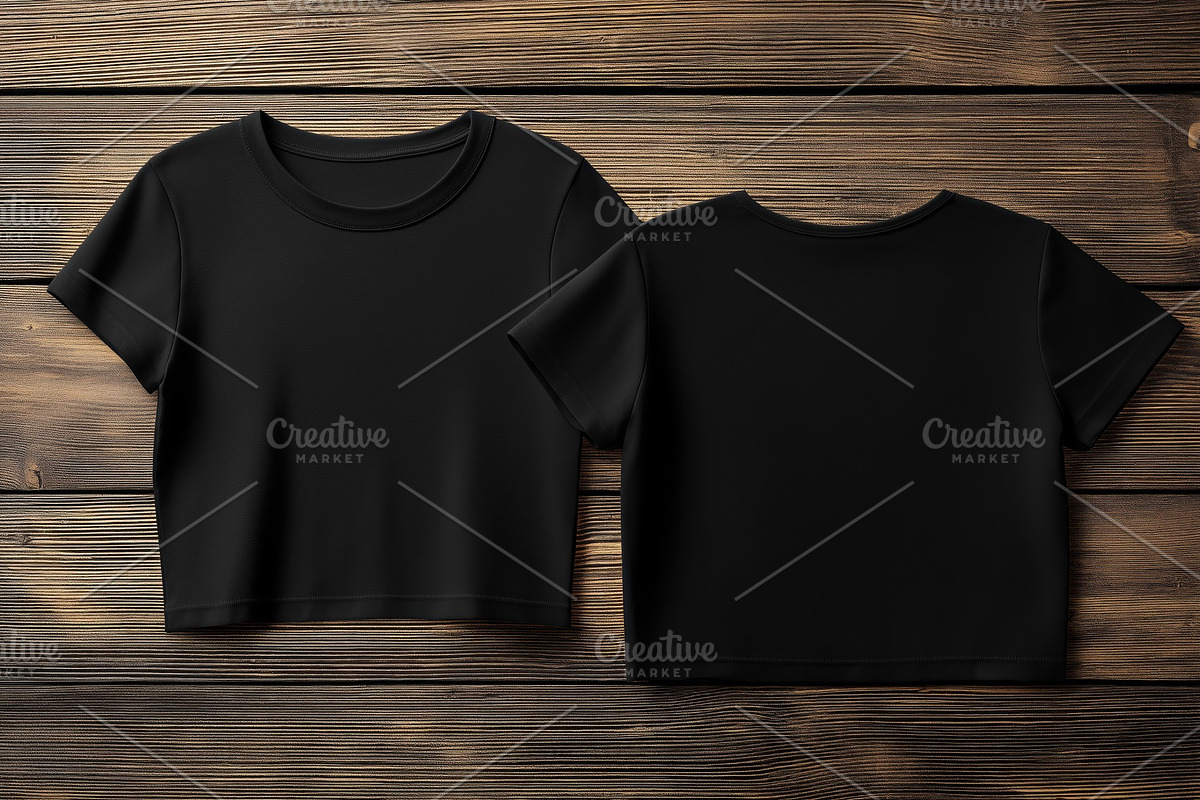 A flat lay of a black cropped t-shirt mockup on a rustic wooden background. The, a Shirt Mockup by Textures & Backgrounds