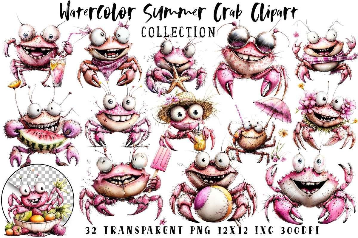 Whimsical Summer Crab Clipart, an Illustration by OK Design (Photo 1 of 6)