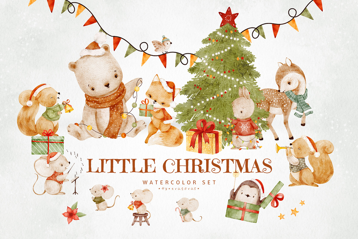 LITTLE CHRISTMAS watercolor animals, an Animal Illustration by erasovas (Photo 1 of 12)