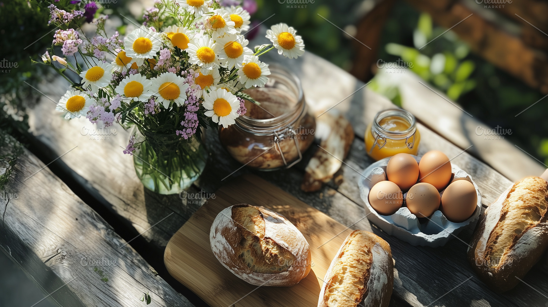 Rustic table with eggs, bread, honey, a Food & Drink Photo by MistyDay
