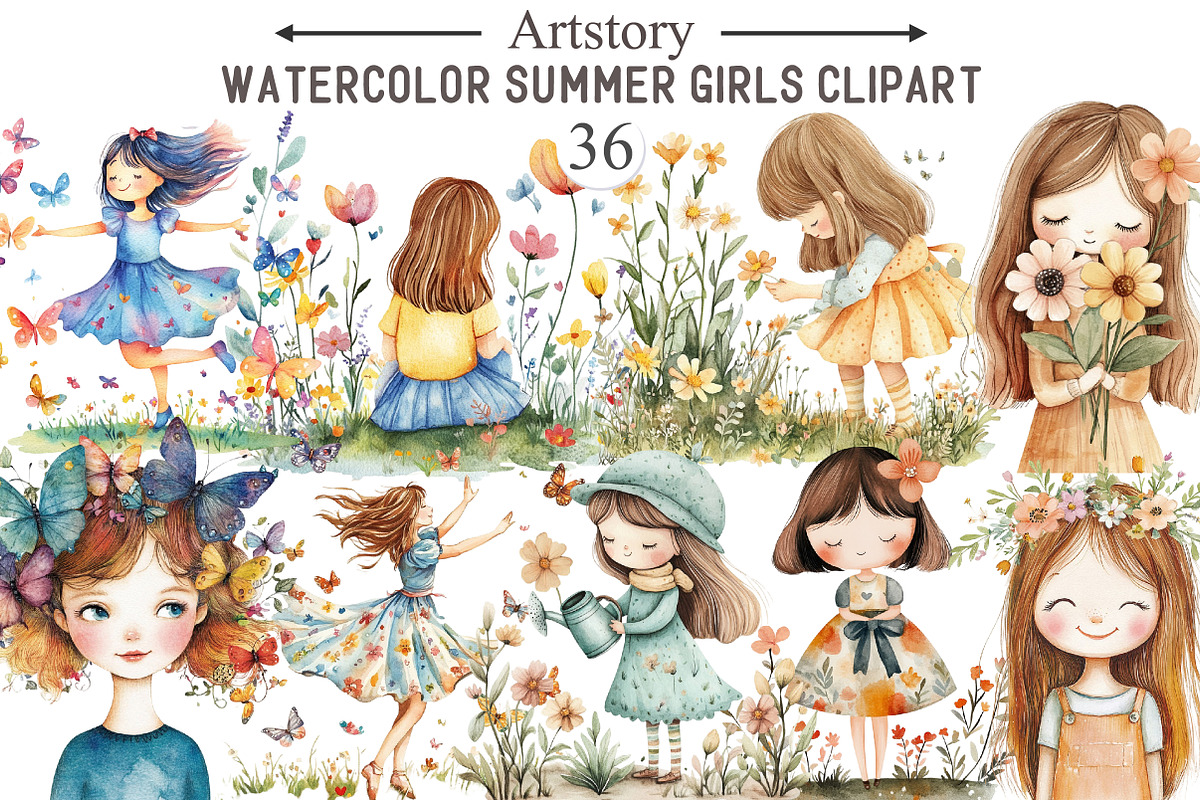 Watercolor Summer Girls Clipart, an Illustration by designcity5 (Photo 1 of 5)
