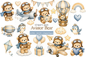 Aviator Bear Clipart Bundle PNG, an Animal Illustration by Villa 11 Estudio