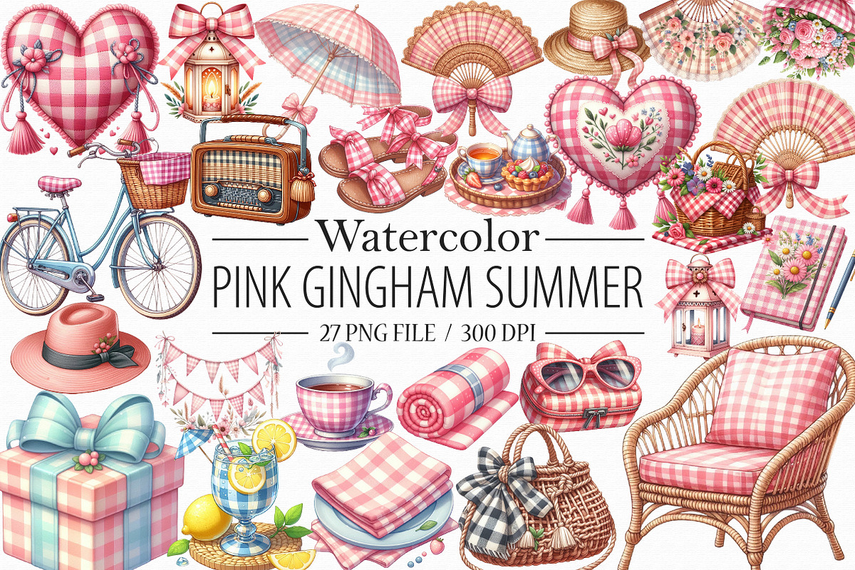 Bohemian Pink Gingham Summer Clipart, an Illustration by Libby Wishes (Photo 1 of 6)