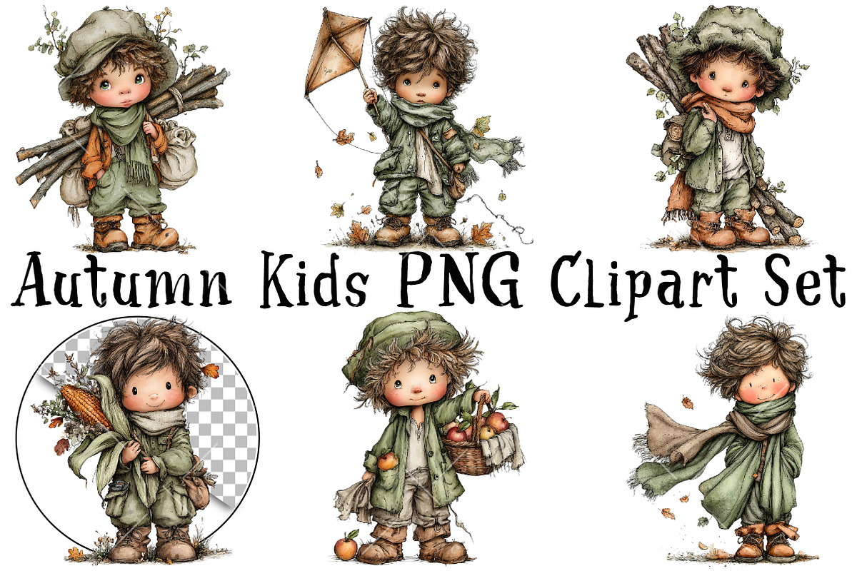 Autumn Kids PNG Clipart Set, a Seasonal Illustration by OK Design (Photo 2 of 6)
