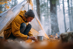 Traveler writing in journal while cooking under a tent in a misty forest, a Person Photo by AlyaAnd