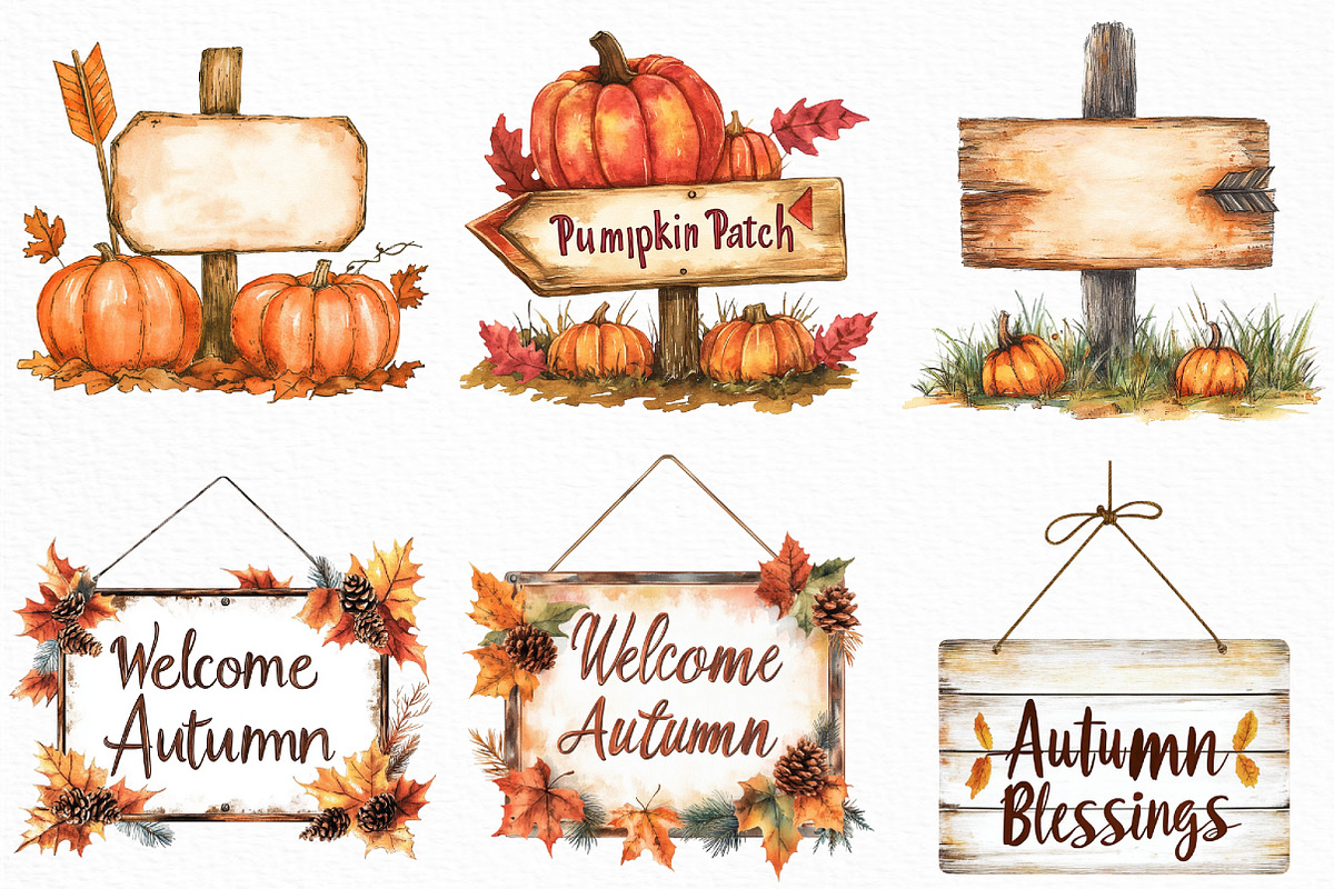 Watercolor Autumn Signs Clipart, an Illustration by Craft Nest (Photo 2 of 6)