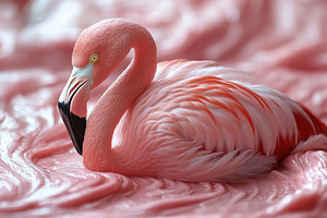 Flamingo resting gracefully on pink, a Photo by Tanuart