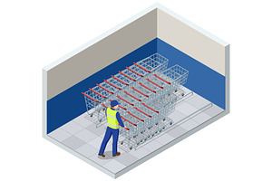 Isometric Store Worker with Cart Row