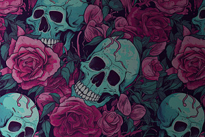 PINK ROSES & SKULLS Seamless Pattern