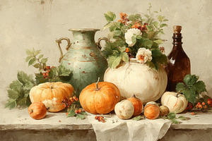 Vintage still life with pumpkins flowers and antique vases on te, a Food & Drink Photo by José Manuel Gelpi