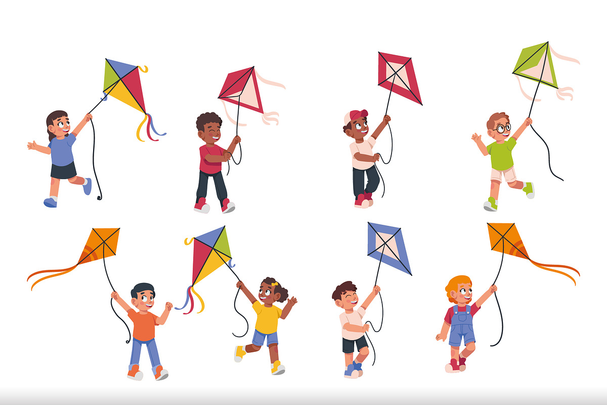 Kids Flying Kite Illustration Set