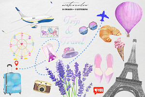 Trip &travel watercolor clip art set