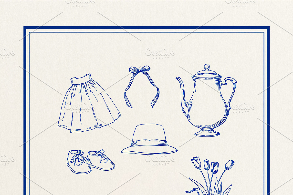 Motherhood and baby shower essentials displaying vintage blue ink sketches for, an Illustration by Studio ANNA
