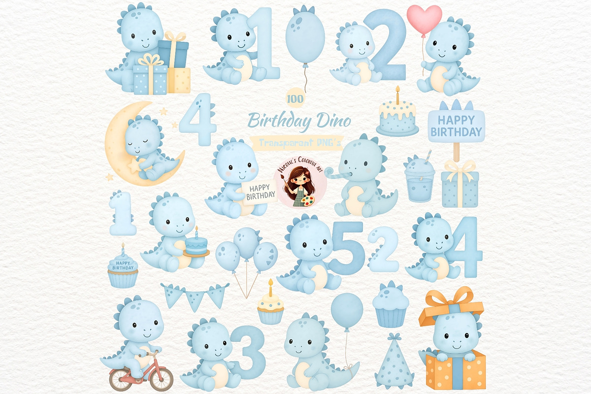 Blue Birthday Dino Clipart Set, an Illustration by Nicolle's Colorful Art (Photo 1 of 6)