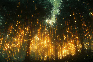 A mystical forest illuminated by glowing lights hanging from the trees, creatin, a Photo by Textures & Backgrounds