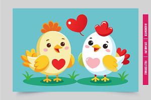 Two chickens grass red balloon, an Illustration by Tanuart