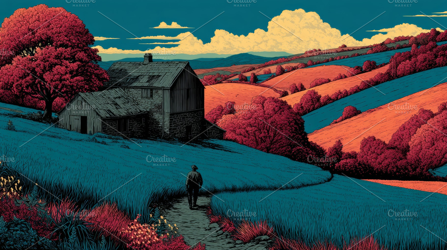 Man walking toward an old barn across vibrant rolling hills and fields in a sty, a Photo by AS photostudio