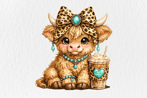 Cute Western Highland Cow Coffee PNG, a Seasonal Illustration by CraftArtStudio