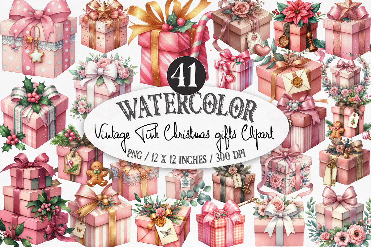 Vintage Pink Christmas Gifts Clipart, an Illustration by Designking (Photo 1 of 5)