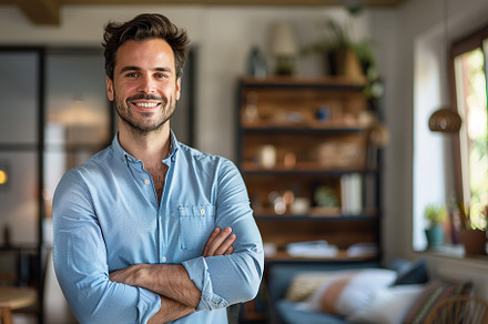 Portrait of young businessman in home office, a Person Photo by AlyaAnd