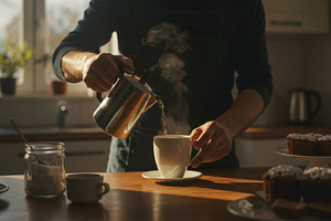 Man pouring hot coffee into a white, a Food & Drink Photo by professorinc
