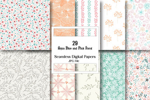 Aqua Blue and Pink Floral Digital Pa, a Pattern Graphic by Wow Magic