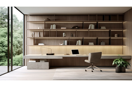 A sleek home office with minimalist, an Architecture Photo by Aimagenarium@gmail.com