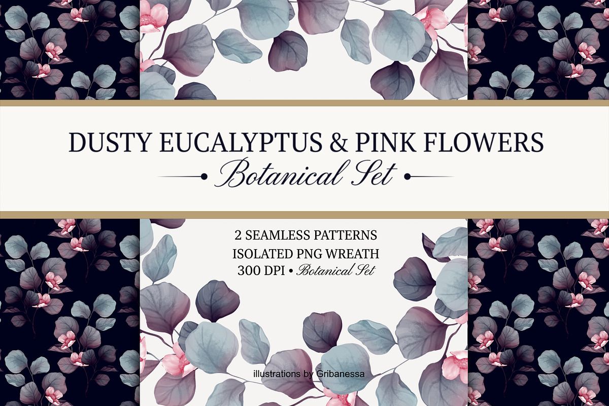 Dusty Eucalyptus & Flowers Set, a Pattern Graphic by Gribanessa (Photo 1 of 5)