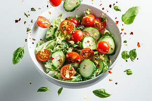 Fresh salad bowl with tomatoes cucum, a Food & Drink Photo by Pixeness Studio