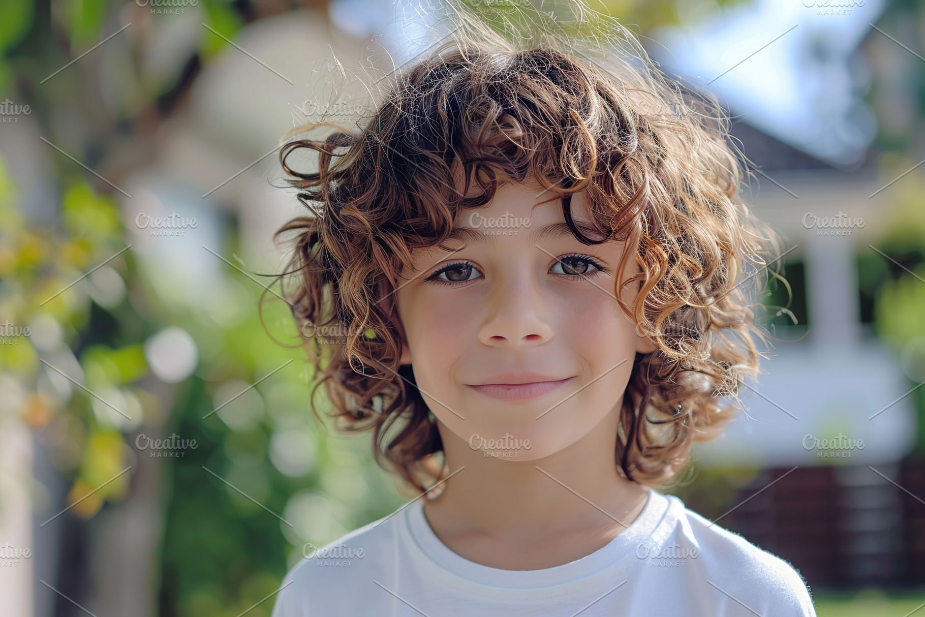 Cute little boy with curly hair on blurred house background, a Person Photo by AlyaAnd