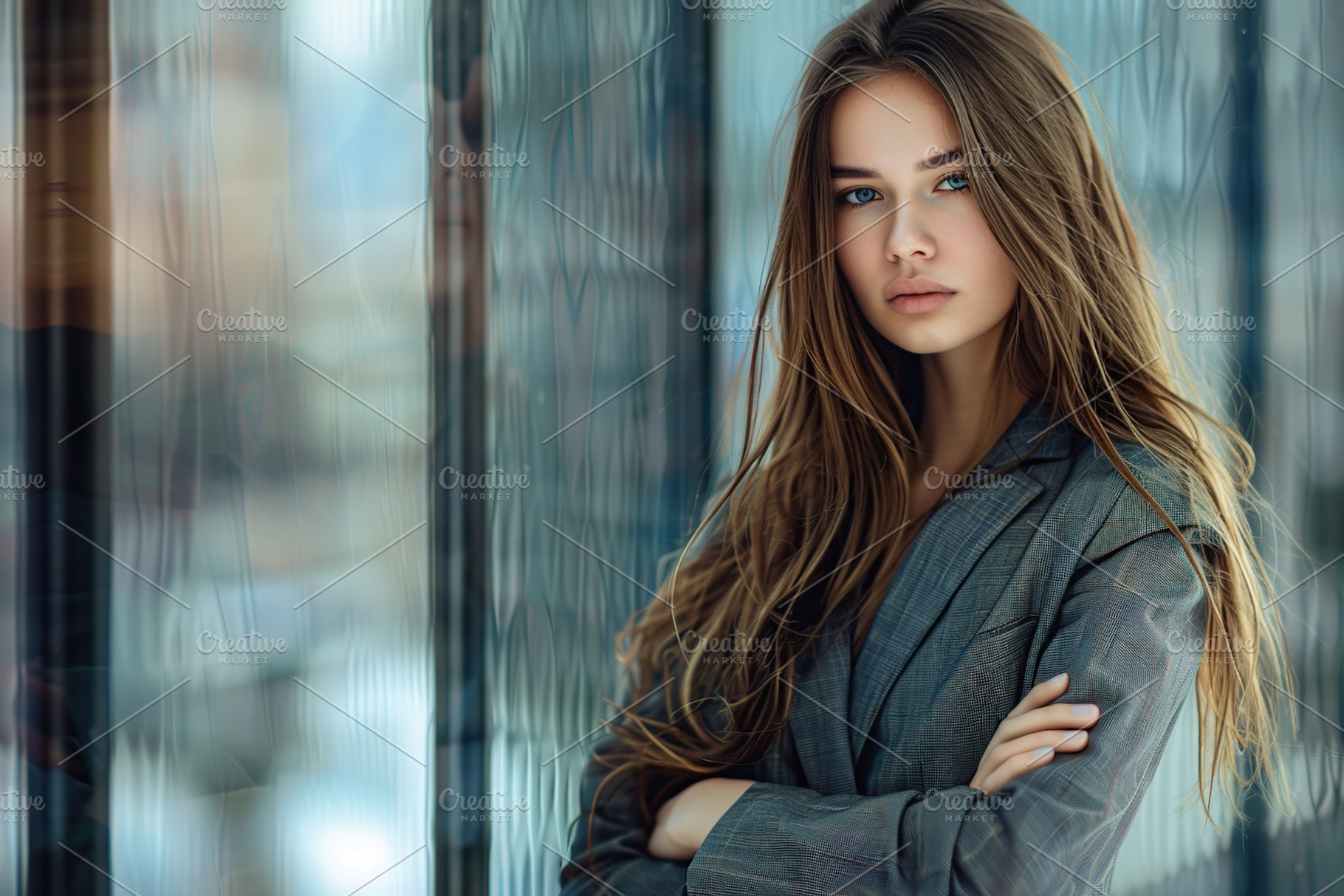 Young business woman in business suit standing on blurred office background, a Person Photo by AlyaAnd
