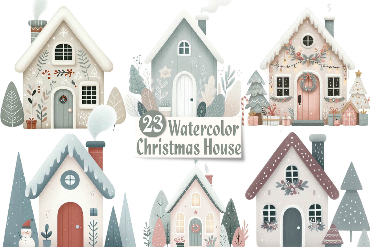 Watercolor Christmas house clipart, an Illustration by CreationArt (Photo 1 of 6)