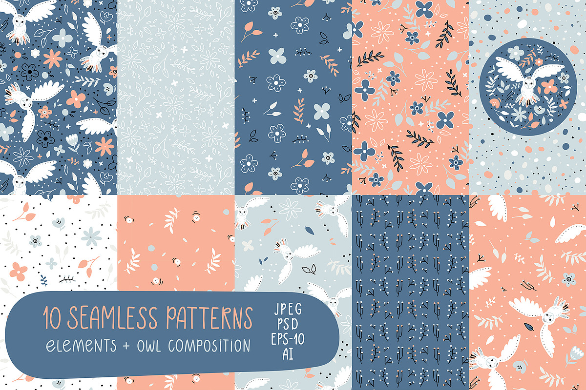 Floral patterns set with owls, a Pattern Graphic by rosypatterns (Photo 1 of 4)