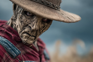 Creepy scarecrow farmer wearing a straw hat and worn overalls, eerie horror por, a Photo by AS photostudio
