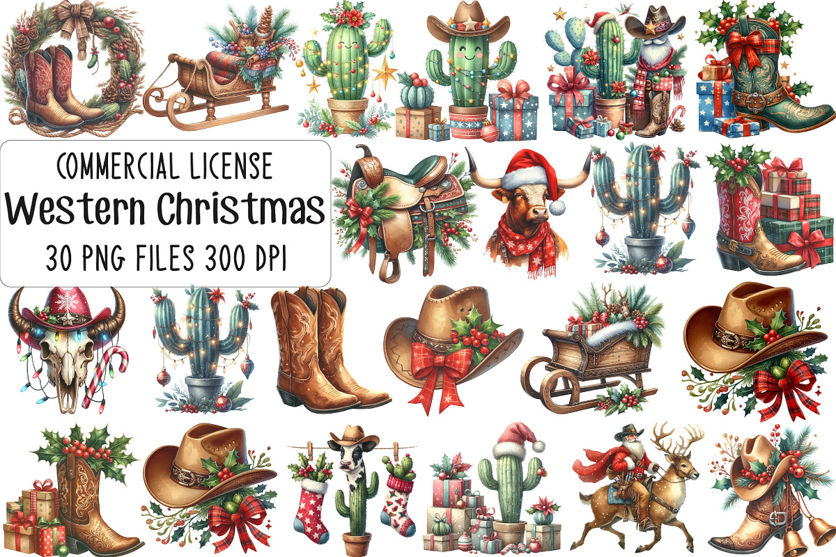 Watercolor Western Christmas Clipart, an Illustration by CraftArtStudio (Photo 1 of 6)