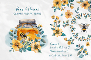 Bees and flowers watercolor clipart