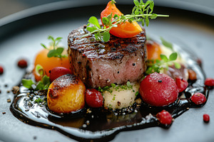 Gourmet Steak Dinner Red and Orange, a Food & Drink Photo by Pixeness Studio