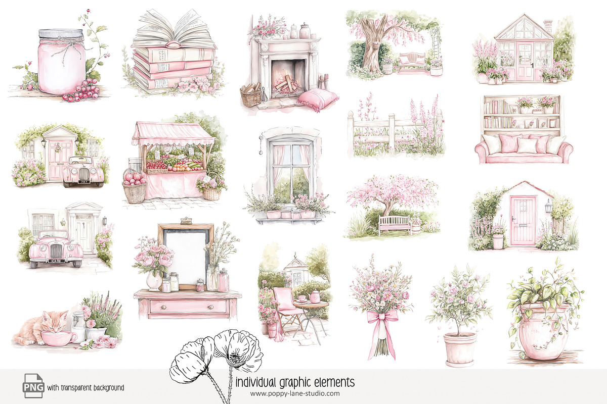 80 pink cottage clip art, a Seasonal Illustration by Poppy Lane Studio (Photo 2 of 8)