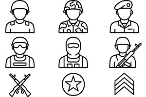 Military line icons depicting, an Illustration by ZinetroN