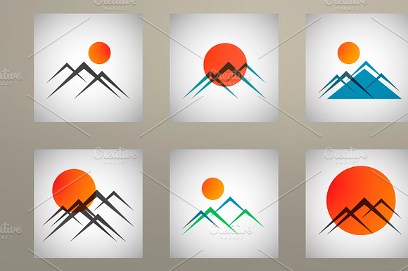 Set Mountains And Sun Icon Vector