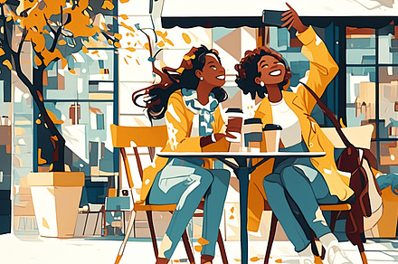 Two friends enjoying coffee and taking selfies at a cafe, an Illustration by AS photostudio