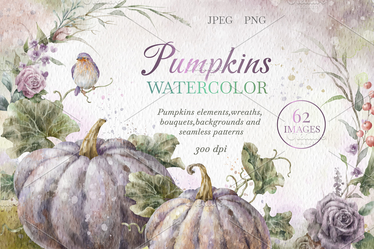 Watercolor Floral Pumpkin Clipart., a Decorative Illustration by VetaDesign (Photo 1 of 10)