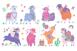 Set of colorful cute llamas, alpacas, an Animal Illustration by Sabelskaya